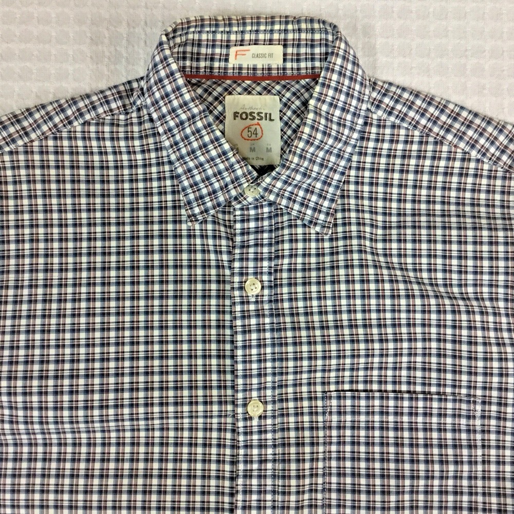 Fossil Mens Classic Fit Plaid Button Down Shirt Blue White Orange Size M 54